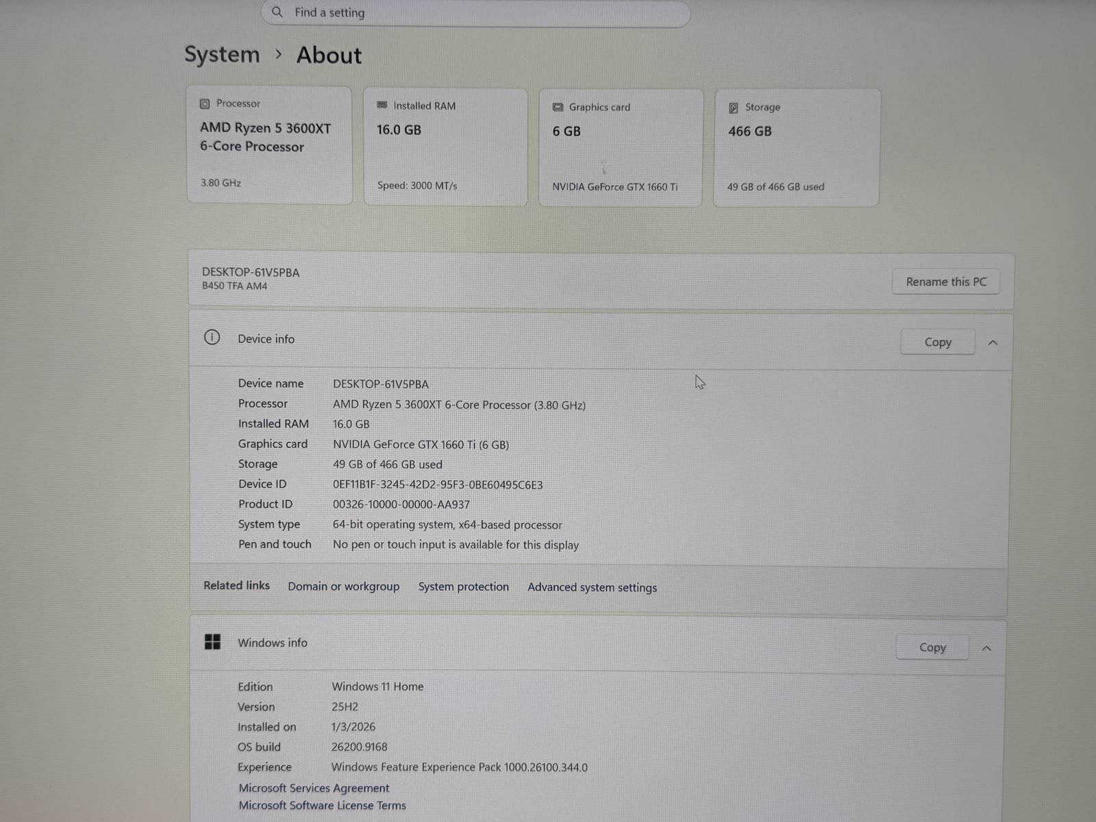 Windows About system information verifying the Ryzen 5 3600XT and Windows 11 Home